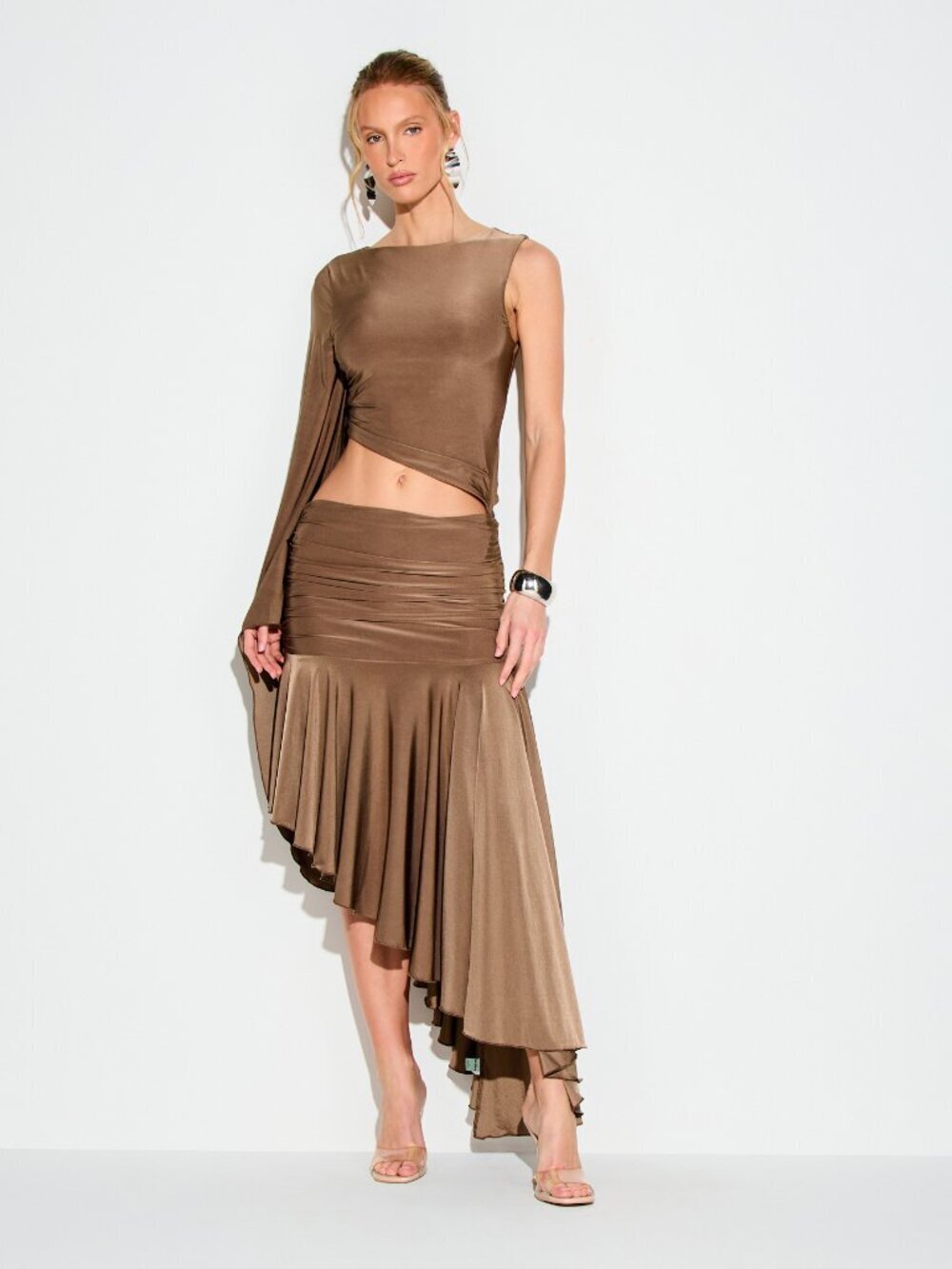 Grey Elegant Women's One-Shoulder Ruched Bodycon Maxi Dress with Flare Sleeve